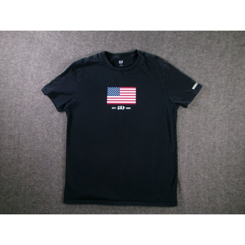 GAP Shirt Mens M Black US Flag Graphic Est 1969 Short Sleeve Logo Worldwide
